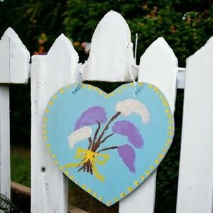 Garden Decor Sign Handcrafted Blue Heart Yellow Dot Pattern Purple White Florals